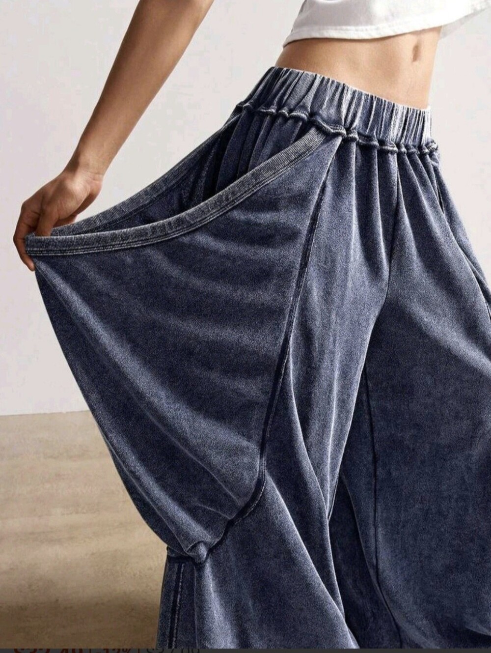 Draped Wide-Leg Boho Pants in Washed Plested Blue Elastic Plus Size XL Casual - Picture 6 of 7